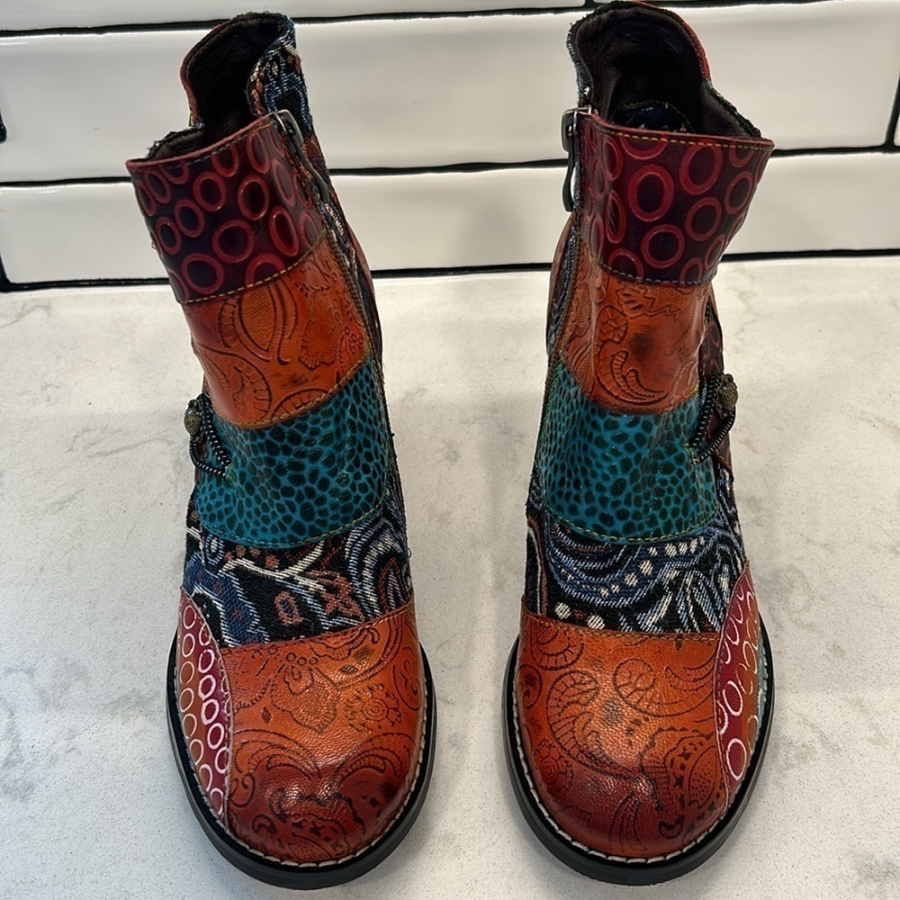 Johnature Leather Mixed Colors Boots Shoes Zip Round Toe Sewing High Heel Ankle - Picture 8 of 16